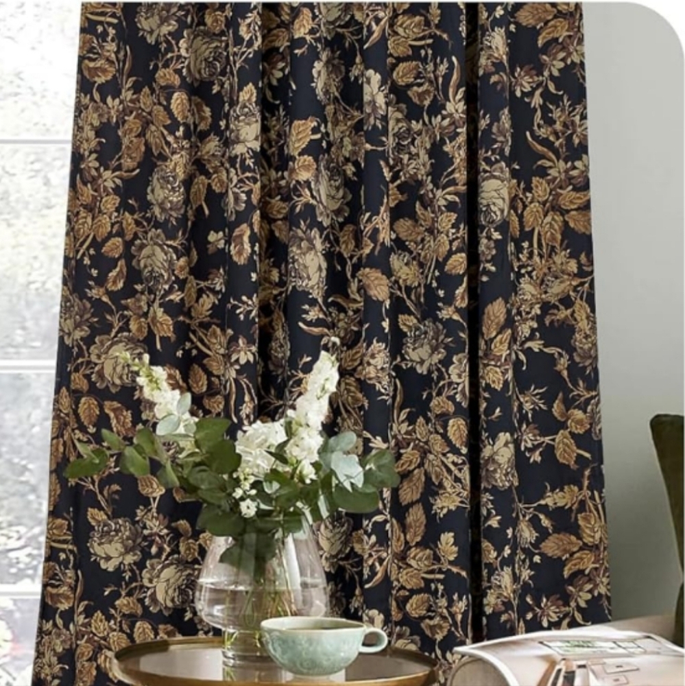 Gold and black Velvet Curtains 84 inches, Retro Vintage Print Floral 4 panels
